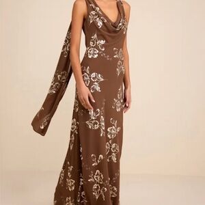 Lulu's Brown Floral Cowl-Neck Maxi Dress